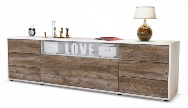 Lowboard Beatrice | Korpus Weiß | Front in Treibholz Holz Optik | 180x49x35cm (BxHxT)