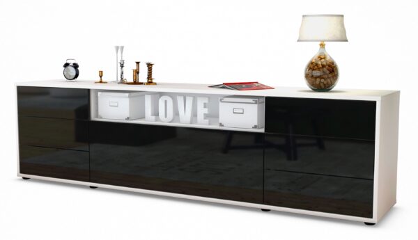 Lowboard Beatrice | Korpus Weiß | Front in Hochglanz Schwarz | 180x49x35cm (BxHxT)