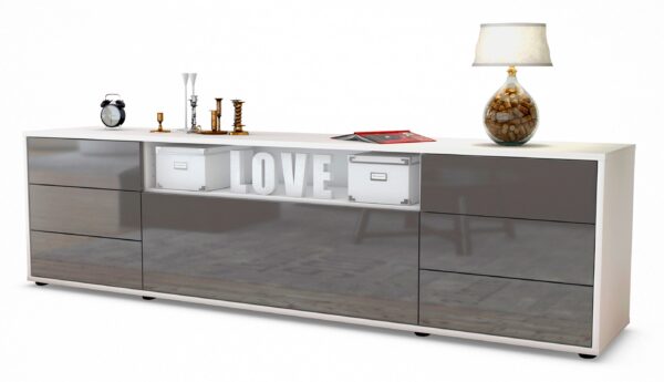 Lowboard Beatrice | Korpus Weiß | Front in Hochglanz Grau | 180x49x35cm (BxHxT)