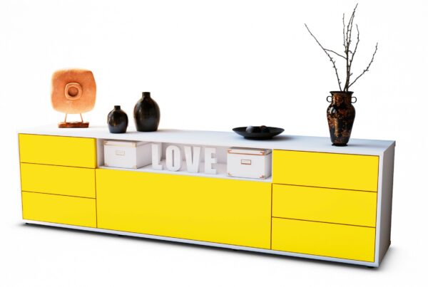 Lowboard Beatrice | Korpus Weiß | Front in Gelb | 180x49x35cm (BxHxT)