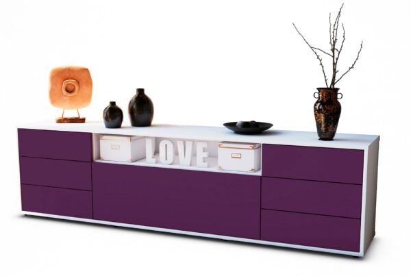 Lowboard Beatrice | Korpus Weiß | Front in Lila | 180x49x35cm (BxHxT)
