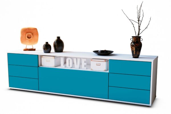 Lowboard Beatrice | Korpus Weiß | Front in Türkis | 180x49x35cm (BxHxT)