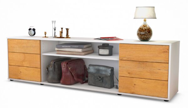 Lowboard Belinda | Korpus Weiß | Front in Eiche Holz Optik | 180x49x35cm (BxHxT)