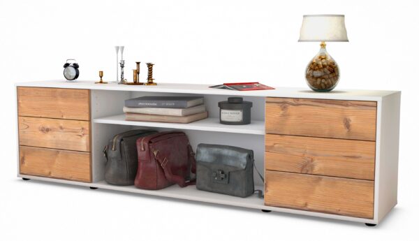 Lowboard Belinda | Korpus Weiß | Front in Pinie Holz Optik | 180x49x35cm (BxHxT)