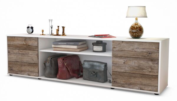 Lowboard Belinda | Korpus Weiß | Front in Treibholz Holz Optik | 180x49x35cm (BxHxT)
