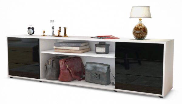 Lowboard Belinda | Korpus Weiß | Front in Hochglanz Schwarz | 180x49x35cm (BxHxT)