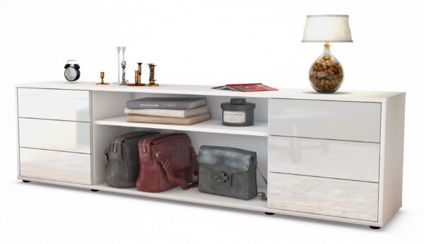 Lowboard Belinda | Korpus Weiß | Front in Hochglanz Weiß | 180x49x35cm (BxHxT)