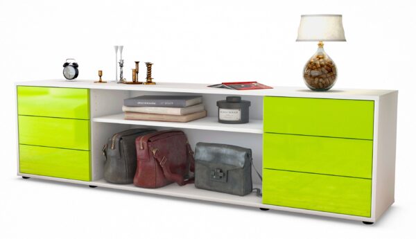 Lowboard Belinda | Korpus Weiß | Front in Hochglanz Grün | 180x49x35cm (BxHxT)
