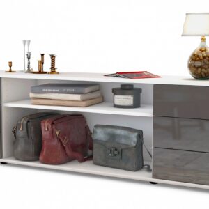 Lowboard Belinda | Korpus Weiß | Front in Hochglanz Grau | 180x49x35cm (BxHxT)