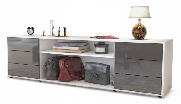 Lowboard Belinda | Korpus Weiß | Front in Hochglanz Grau | 180x49x35cm (BxHxT)