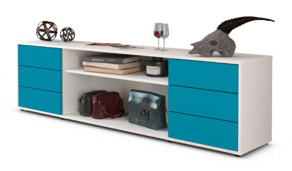Lowboard Belinda | Korpus Weiß | Front in Türkis | 180x49x35cm (BxHxT)
