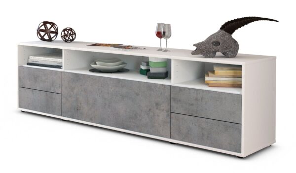 Lowboard Bella | Korpus Weiß | Front in Beton Optik | 180x49x35cm (BxHxT)