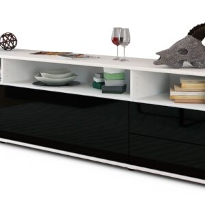 Lowboard Bella | Korpus Weiß | Front in Hochglanz Schwarz | 180x49x35cm (BxHxT)