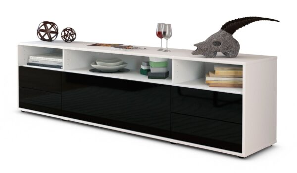 Lowboard Bella | Korpus Weiß | Front in Hochglanz Schwarz | 180x49x35cm (BxHxT)