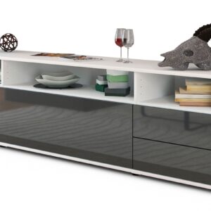 Lowboard Bella | Korpus Weiß | Front in Hochglanz Grau | 180x49x35cm (BxHxT)