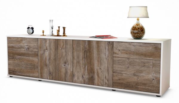 Lowboard Benedetta | Korpus Weiß | Front in Treibholz Holz Optik | 180x49x35cm (BxHxT)