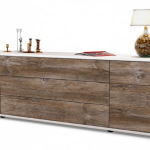 Lowboard Benita | Korpus Weiß | Front in Treibholz Holz Optik | 180x49x35cm (BxHxT)