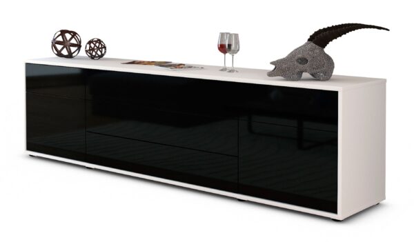 Lowboard Benita | Korpus Weiß | Front in Hochglanz Schwarz | 180x49x35cm (BxHxT)