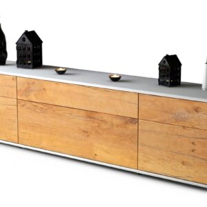 Lowboard Beppa | Korpus Weiß | Front in Eiche Holz Optik | 180x49x35cm (BxHxT)