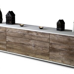 Lowboard Beppa | Korpus Weiß | Front in Treibholz Holz Optik | 180x49x35cm (BxHxT)