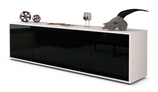 Lowboard Beppa | Korpus Weiß | Front in Hochglanz Schwarz | 180x49x35cm (BxHxT)