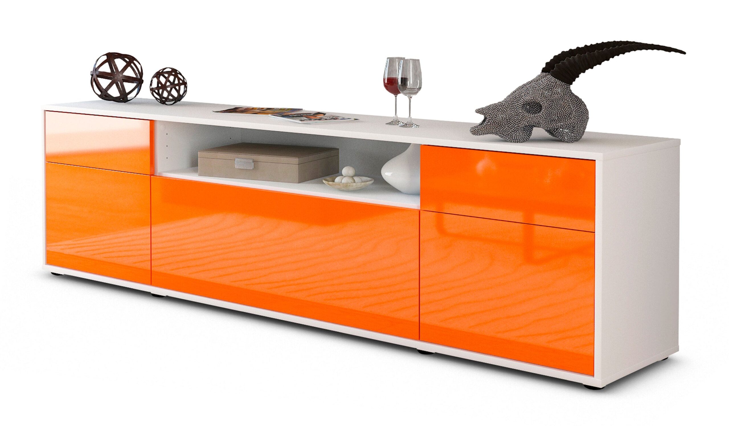 Lowboard Bernadetta | Korpus Weiß | Front in Hochglanz Orange | 180x49x35cm (BxHxT) 1 Lowboard Bernadetta | Korpus Weiß | Front in Hochglanz Orange | 180x49x35cm (BxHxT)