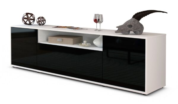 Lowboard Bernadetta | Korpus Weiß | Front in Hochglanz Schwarz | 180x49x35cm (BxHxT)