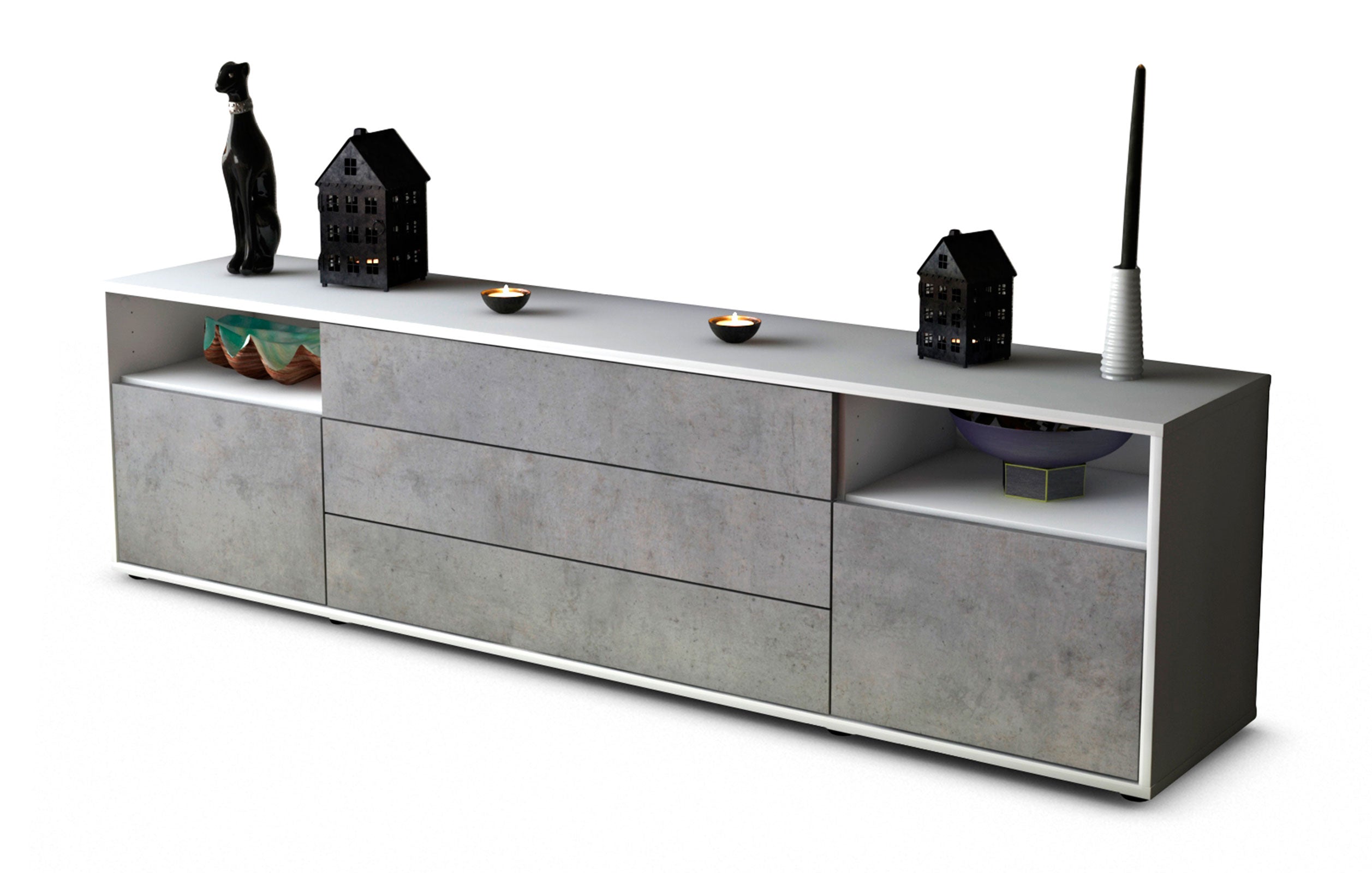 Lowboard Bettina | Korpus Weiß | Front in Beton Optik | 180x49x35cm (BxHxT) 1 Lowboard Bettina | Korpus Weiß | Front in Beton Optik | 180x49x35cm (BxHxT)