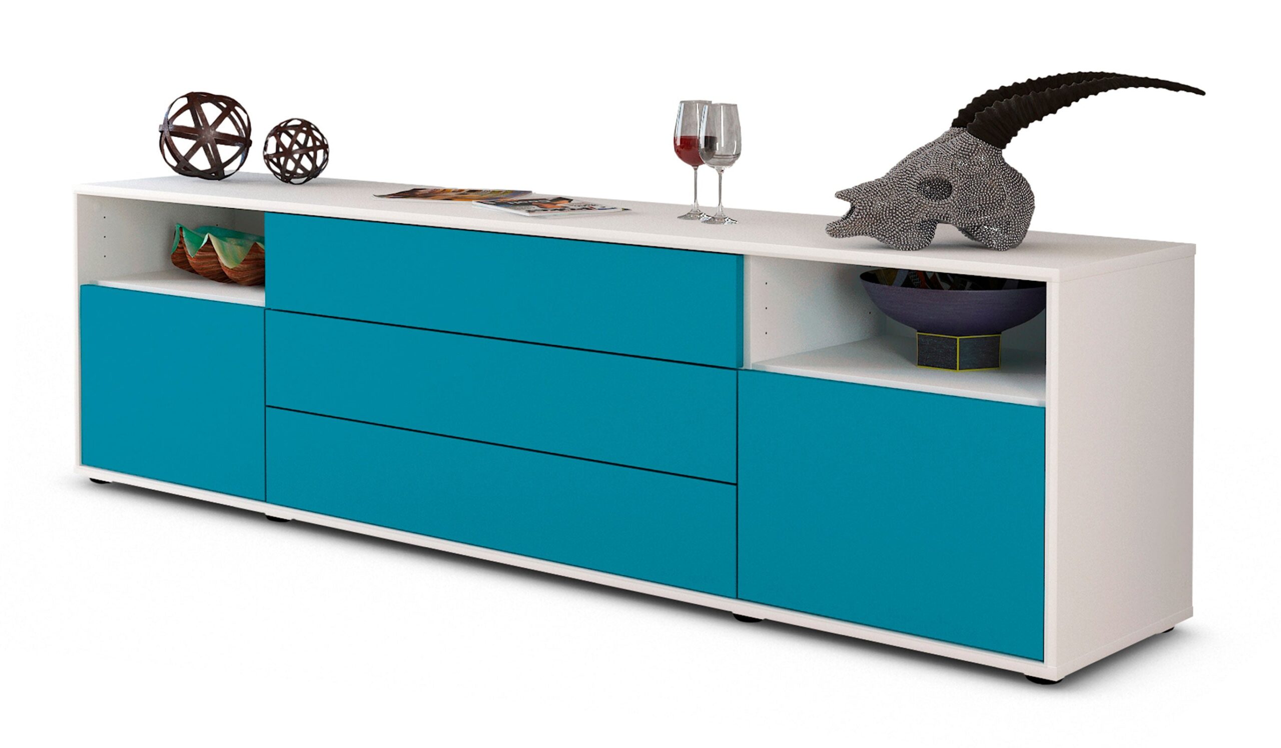 Lowboard Bettina | Korpus Weiß | Front in Türkis | 180x49x35cm (BxHxT) 1 Lowboard Bettina | Korpus Weiß | Front in Türkis | 180x49x35cm (BxHxT)