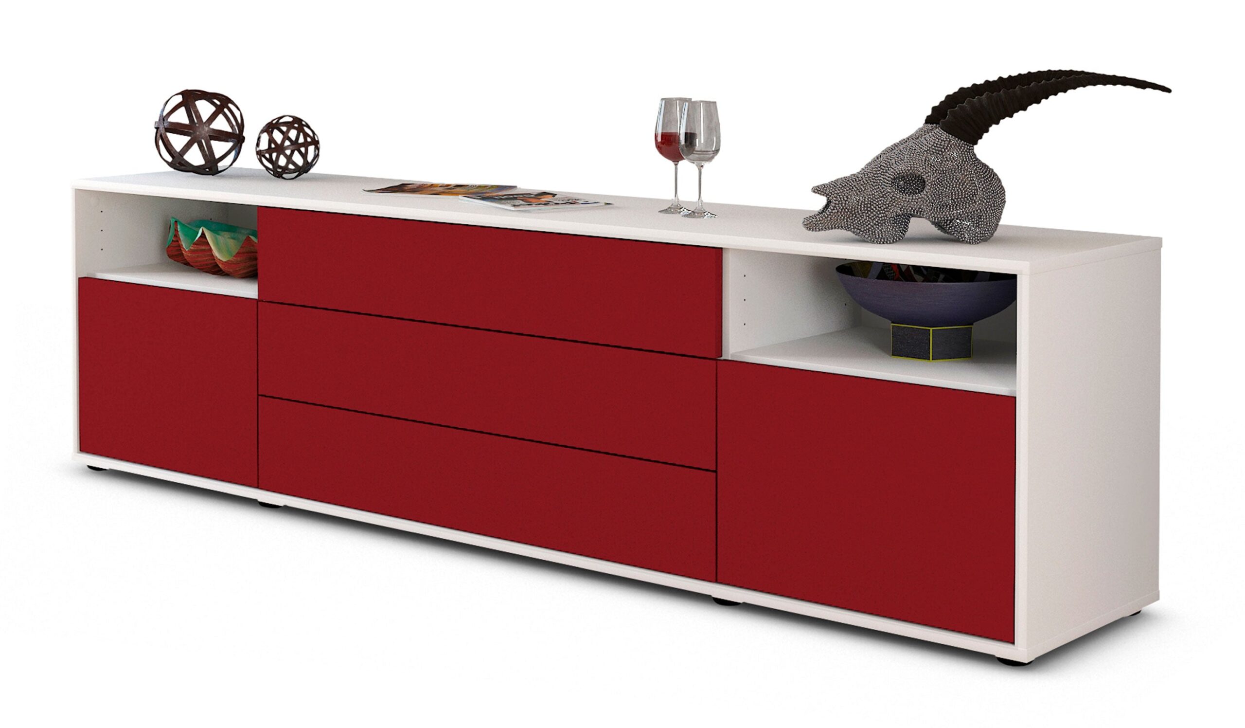 Lowboard Bettina | Korpus Weiß | Front in Bordeaux | 180x49x35cm (BxHxT) 1 Lowboard Bettina | Korpus Weiß | Front in Bordeaux | 180x49x35cm (BxHxT)