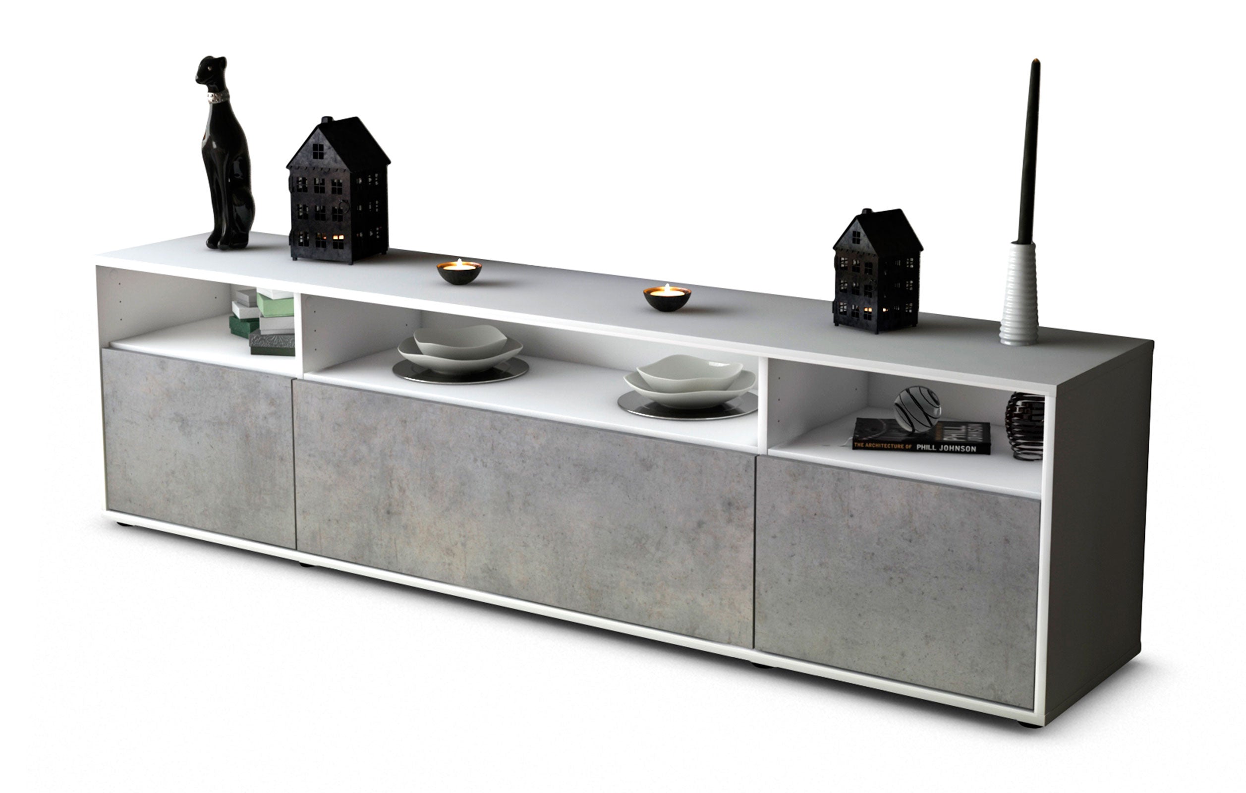 Lowboard Bianca | Korpus Weiß | Front in Beton Optik | 180x49x35cm (BxHxT) 1 Lowboard Bianca | Korpus Weiß | Front in Beton Optik | 180x49x35cm (BxHxT)