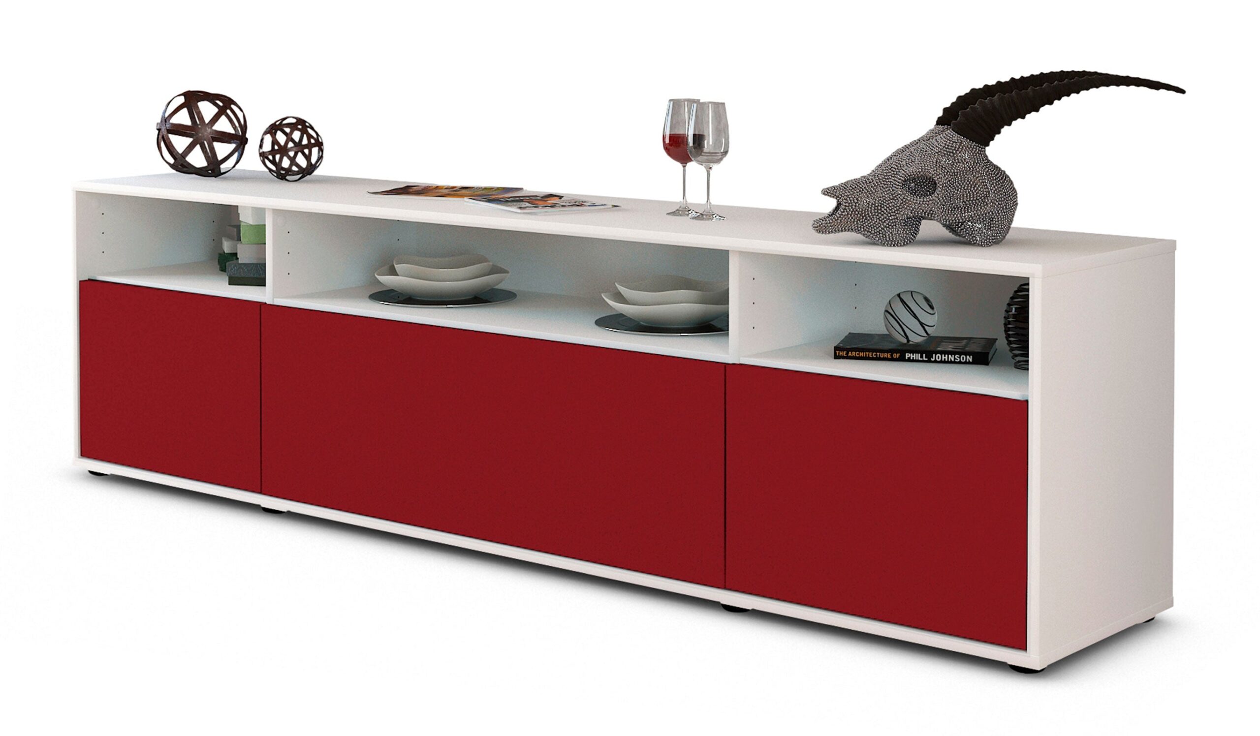 Lowboard Bianca | Korpus Weiß | Front in Bordeaux | 180x49x35cm (BxHxT) 1 Lowboard Bianca | Korpus Weiß | Front in Bordeaux | 180x49x35cm (BxHxT)