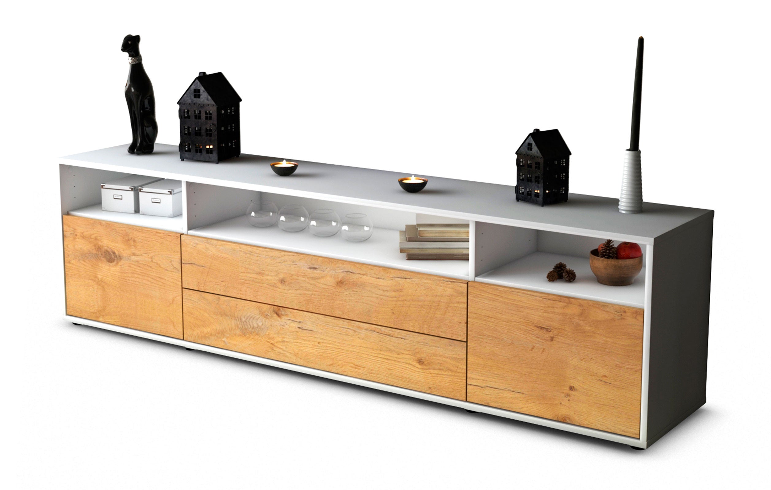 Lowboard Biancaneve | Korpus Weiß | Front in Eiche Holz Optik | 180x49x35cm (BxHxT) 1 Lowboard Biancaneve | Korpus Weiß | Front in Eiche Holz Optik | 180x49x35cm (BxHxT)
