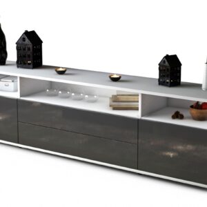 Lowboard Biancaneve | Korpus Weiß | Front in Hochglanz Grau | 180x49x35cm (BxHxT)
