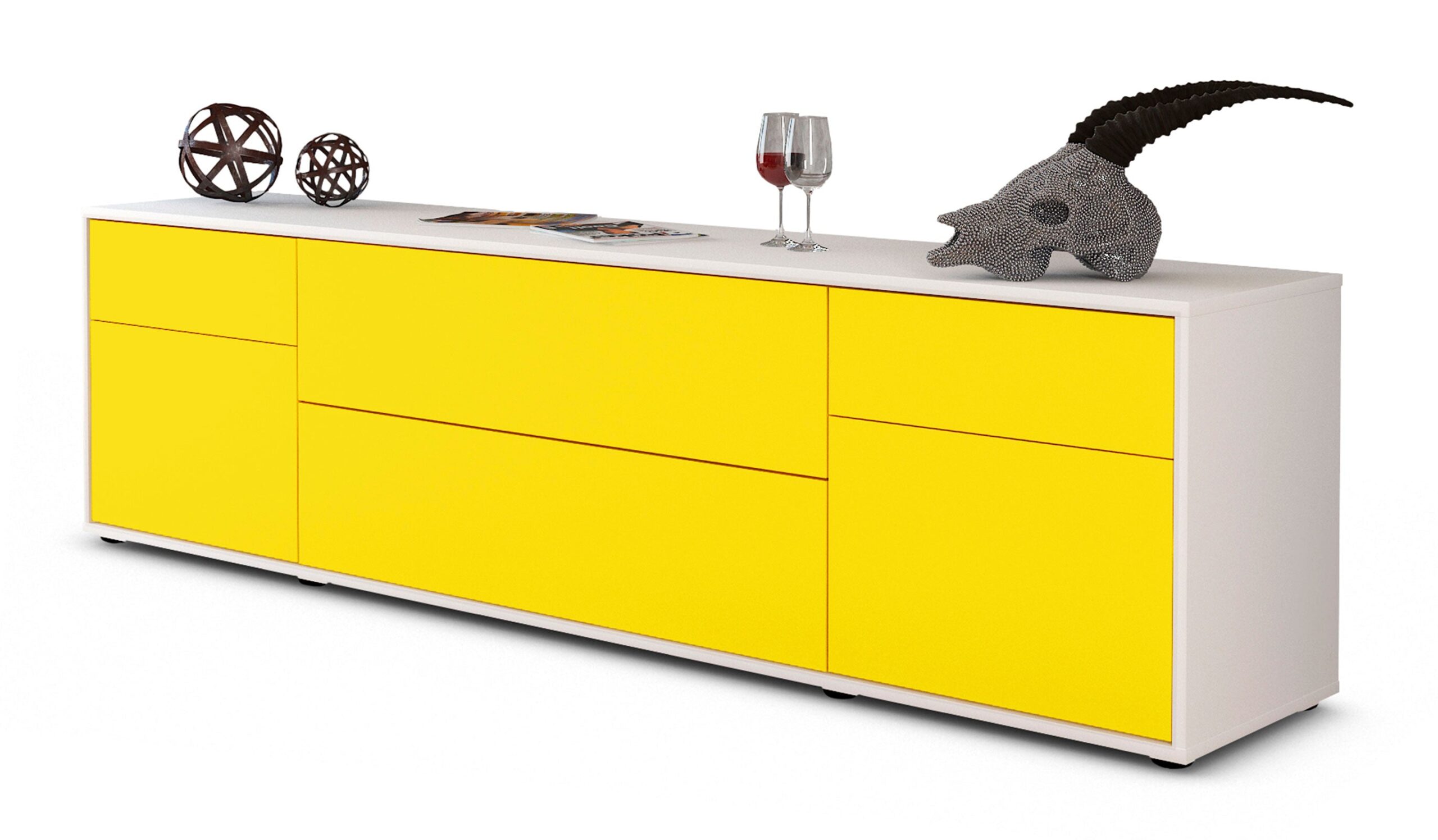 Lowboard Bibiane | Korpus Weiß | Front in Gelb | 180x49x35cm (BxHxT) 1 Lowboard Bibiane | Korpus Weiß | Front in Gelb | 180x49x35cm (BxHxT)