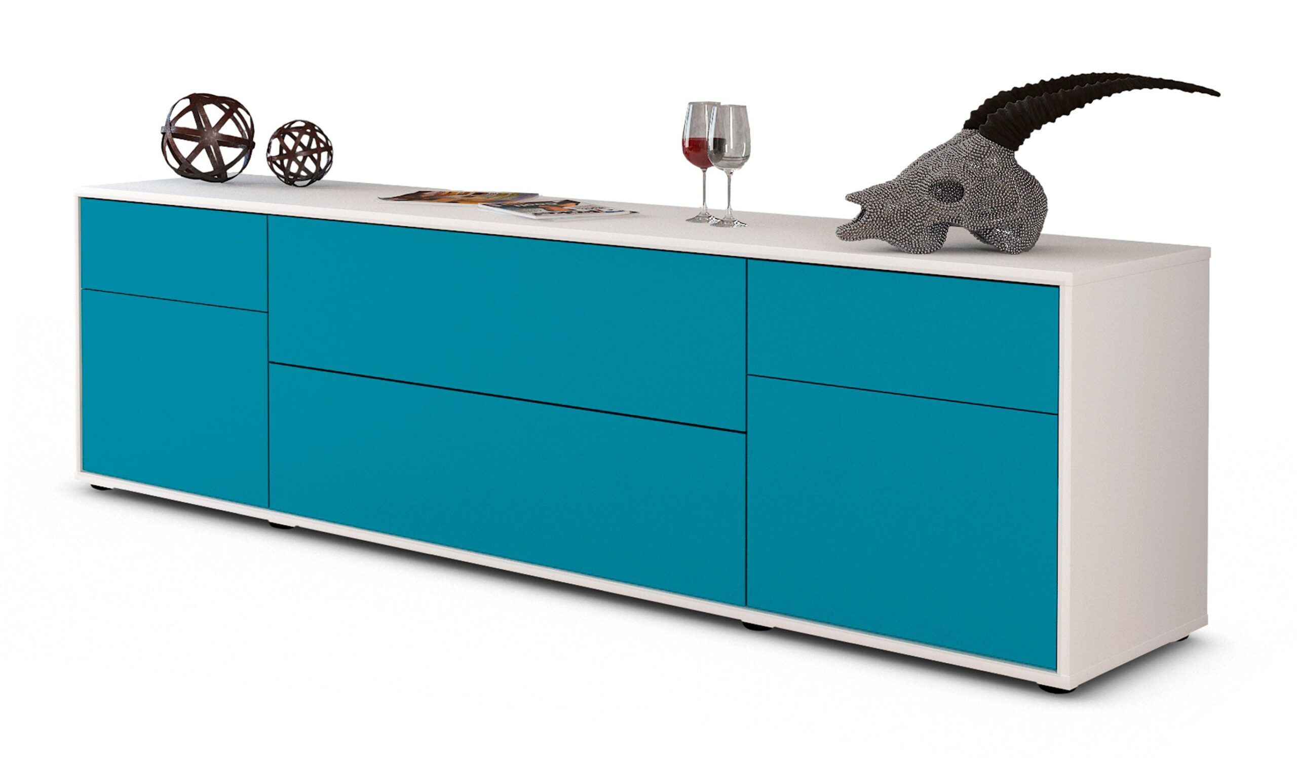 Lowboard Bibiane | Korpus Weiß | Front in Türkis | 180x49x35cm (BxHxT) 1 Lowboard Bibiane | Korpus Weiß | Front in Türkis | 180x49x35cm (BxHxT)