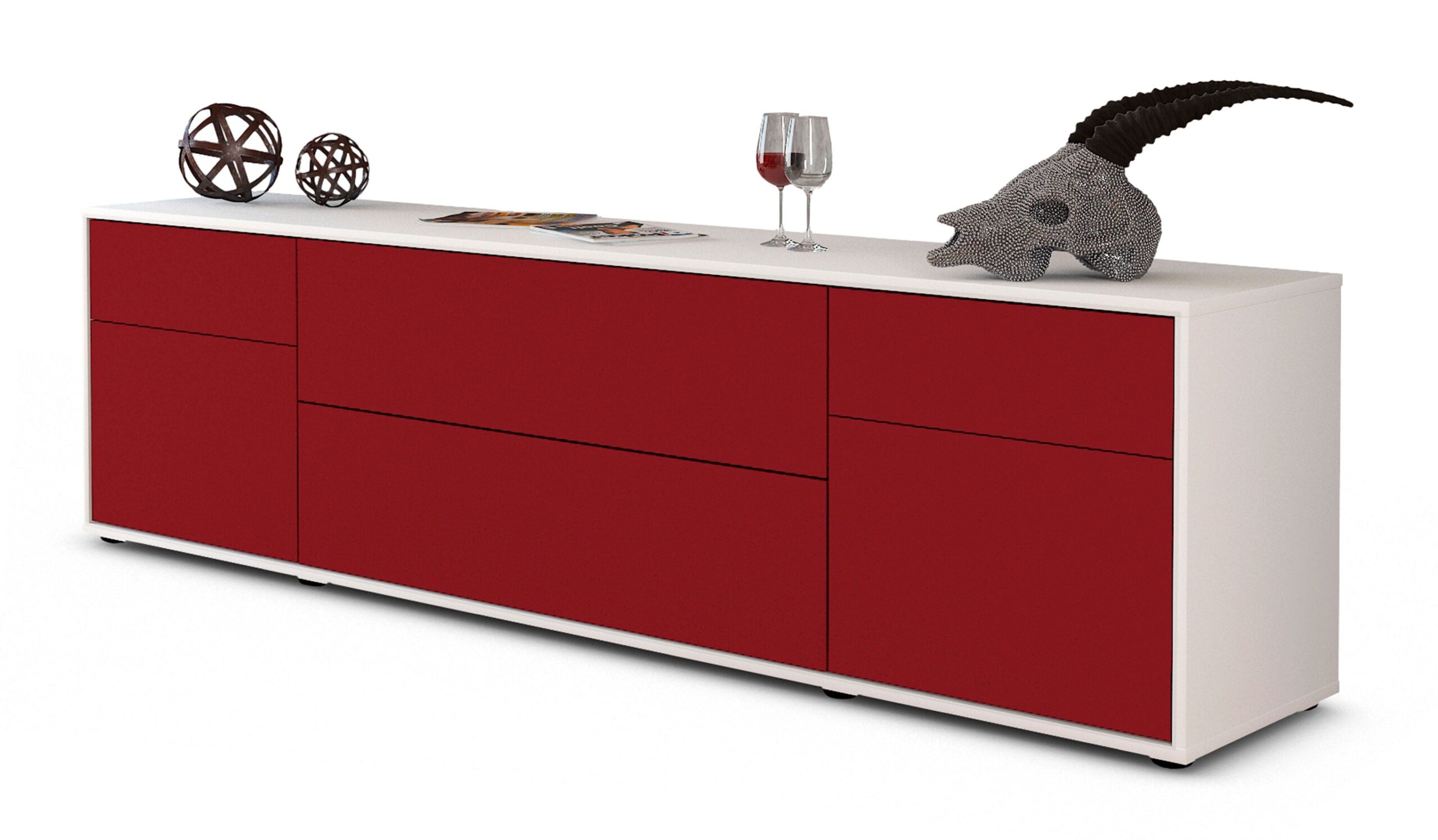 Lowboard Bibiane | Korpus Weiß | Front in Bordeaux | 180x49x35cm (BxHxT) 1 Lowboard Bibiane | Korpus Weiß | Front in Bordeaux | 180x49x35cm (BxHxT)