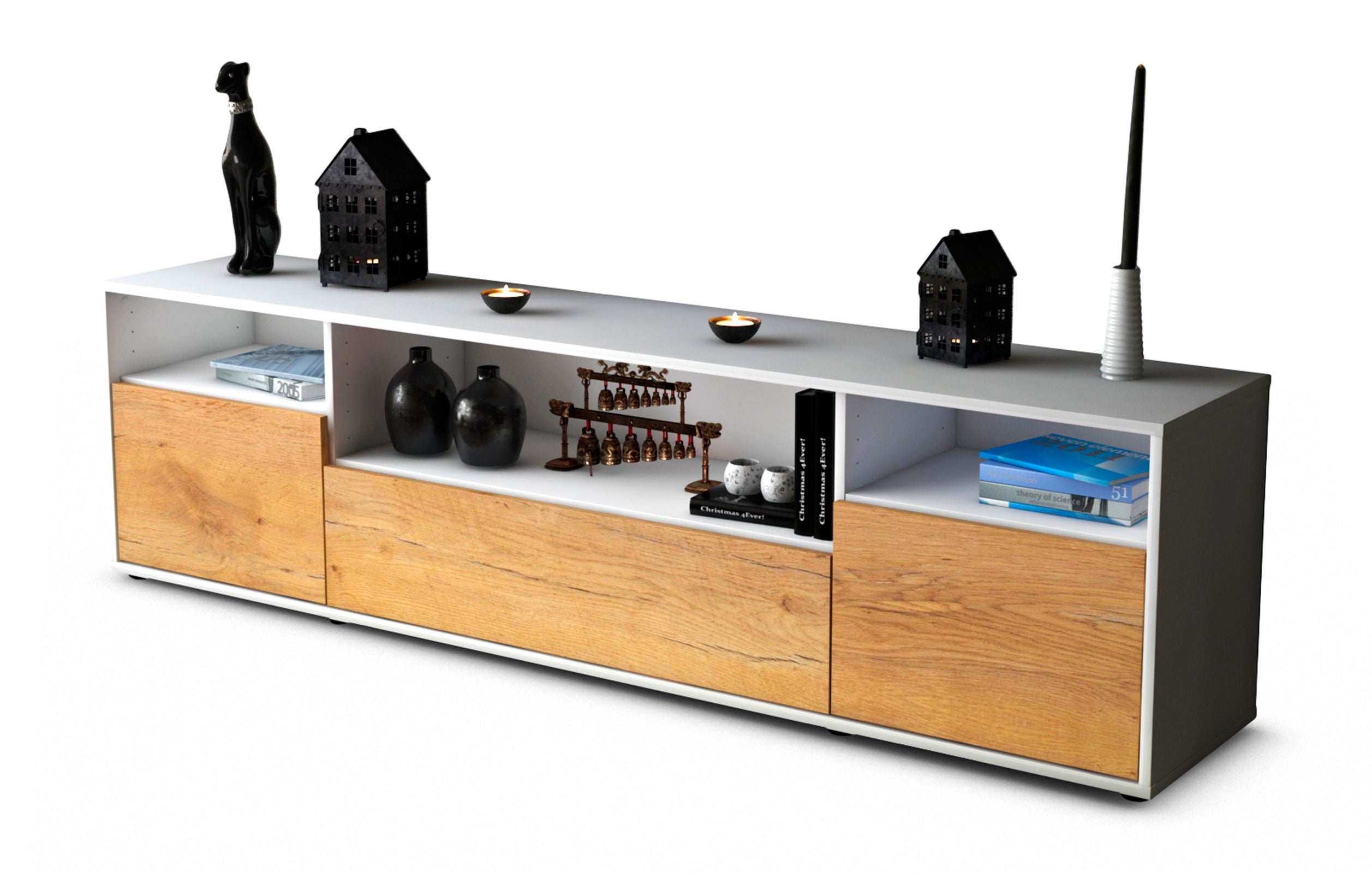 Lowboard Bionda | Korpus Weiß | Front in Eiche Holz Optik | 180x49x35cm (BxHxT) 1 Lowboard Bionda | Korpus Weiß | Front in Eiche Holz Optik | 180x49x35cm (BxHxT)