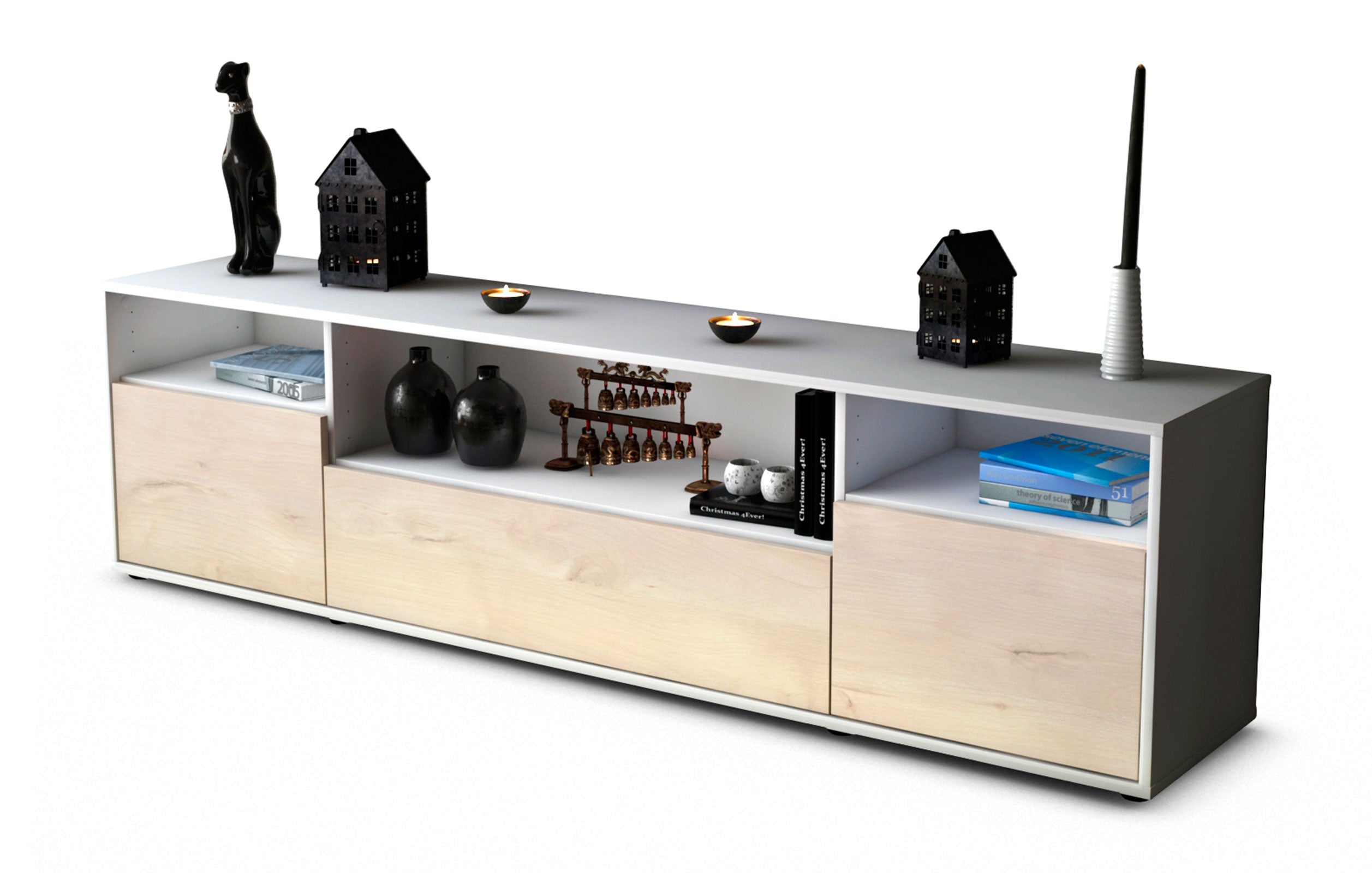 Lowboard Bionda | Korpus Weiß | Front in Zeder Holz Optik | 180x49x35cm (BxHxT) 1 Lowboard Bionda | Korpus Weiß | Front in Zeder Holz Optik | 180x49x35cm (BxHxT)