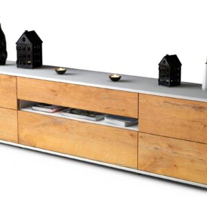 Lowboard Bjonda | Korpus Weiß | Front in Eiche Holz Optik | 180x49x35cm (BxHxT)