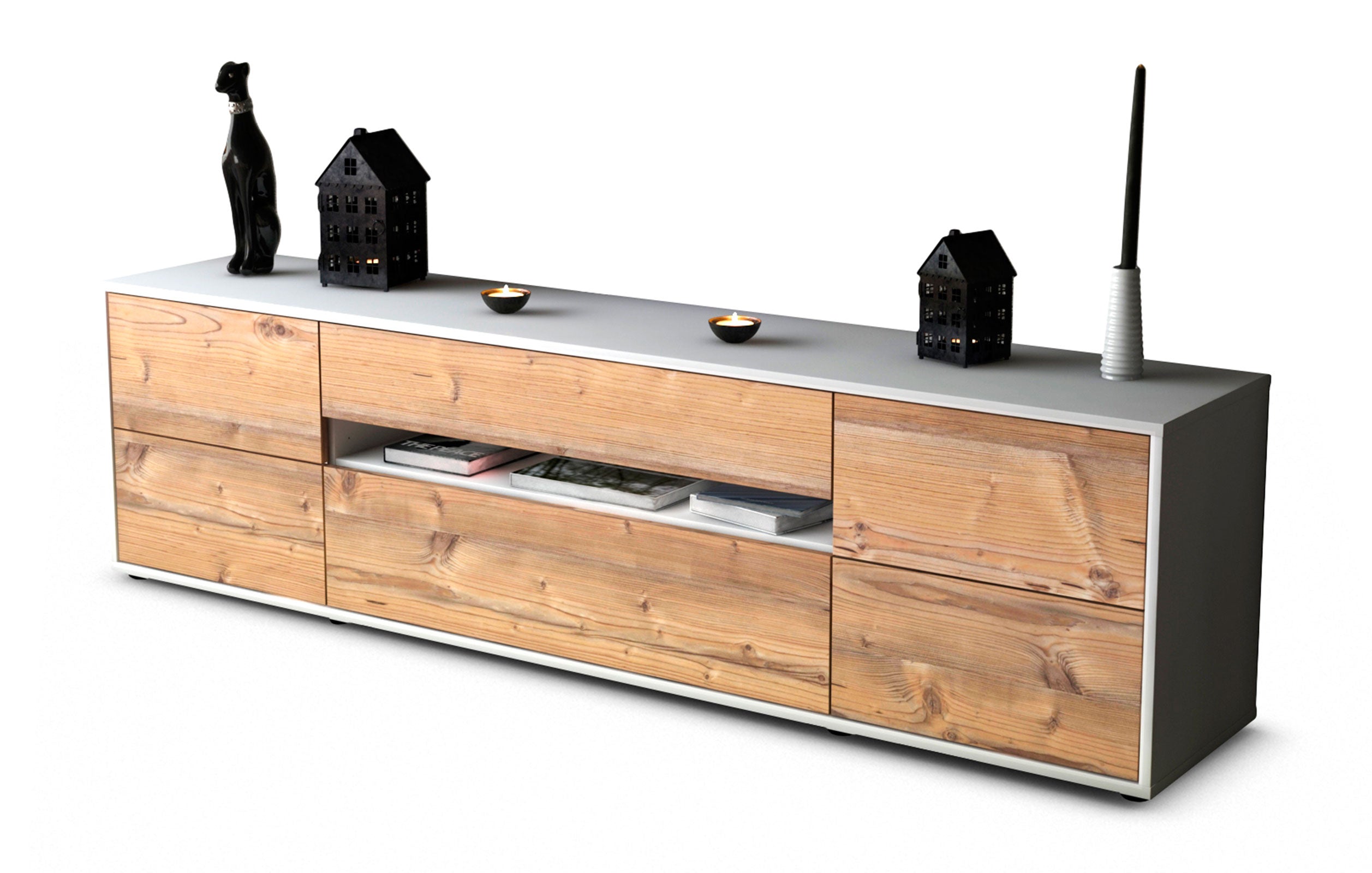 Lowboard Bjonda | Korpus Weiß | Front in Pinie Holz Optik | 180x49x35cm (BxHxT) 1 Lowboard Bjonda | Korpus Weiß | Front in Pinie Holz Optik | 180x49x35cm (BxHxT)