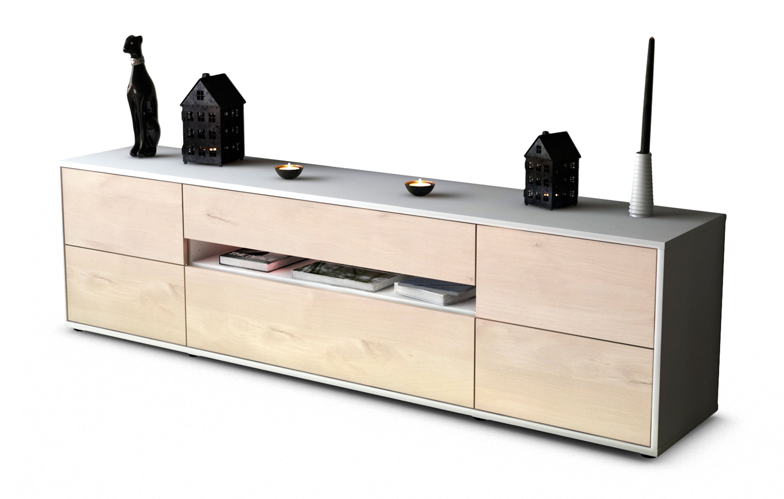 Lowboard Bjonda | Korpus Weiß | Front in Zeder Holz Optik | 180x49x35cm (BxHxT) 1 Lowboard Bjonda | Korpus Weiß | Front in Zeder Holz Optik | 180x49x35cm (BxHxT)