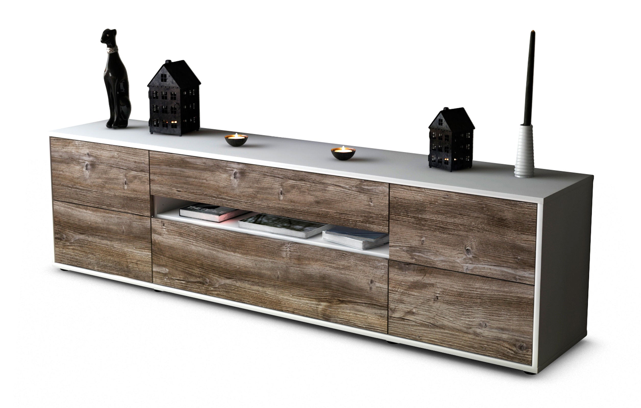 Lowboard Bjonda | Korpus Weiß | Front in Treibholz Holz Optik | 180x49x35cm (BxHxT) 1 Lowboard Bjonda | Korpus Weiß | Front in Treibholz Holz Optik | 180x49x35cm (BxHxT)