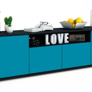 Lowboard Arianna | Korpus Anthrazit | Front in Türkis | 180x49x35cm (BxHxT)