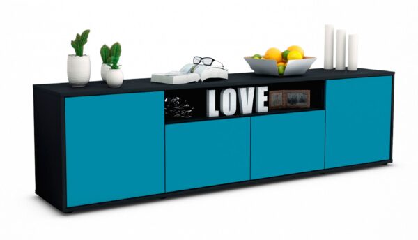 Lowboard Arianna | Korpus Anthrazit | Front in Türkis | 180x49x35cm (BxHxT)