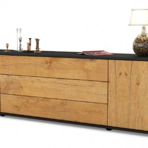 Lowboard Ariella | Korpus Anthrazit | Front in Eiche Holz Optik | 180x49x35cm (BxHxT)