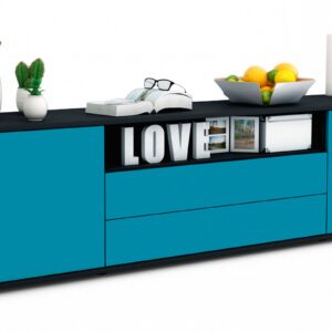 Lowboard Armanda | Korpus Anthrazit | Front in Türkis | 180x49x35cm (BxHxT)