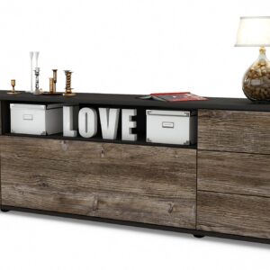 Lowboard Beatrice | Korpus Anthrazit | Front in Treibholz Holz Optik | 180x49x35cm (BxHxT)