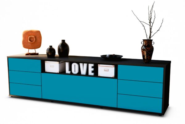 Lowboard Beatrice | Korpus Anthrazit | Front in Türkis | 180x49x35cm (BxHxT)