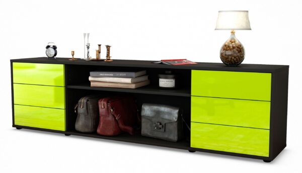 Lowboard Belinda | Korpus Anthrazit | Front in Hochglanz Grün | 180x49x35cm (BxHxT)